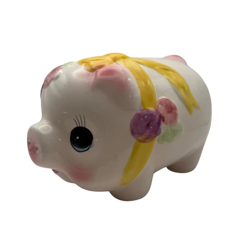 Vtg Ceramic Piggy Bank with Yellow Bow & Flowers Cute Coin Bank Nursery Decor